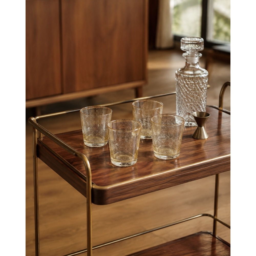 Vintage MCM Amber Seeded Bubble Hand Blown Whiskey Glasses Tumblers Set of 4